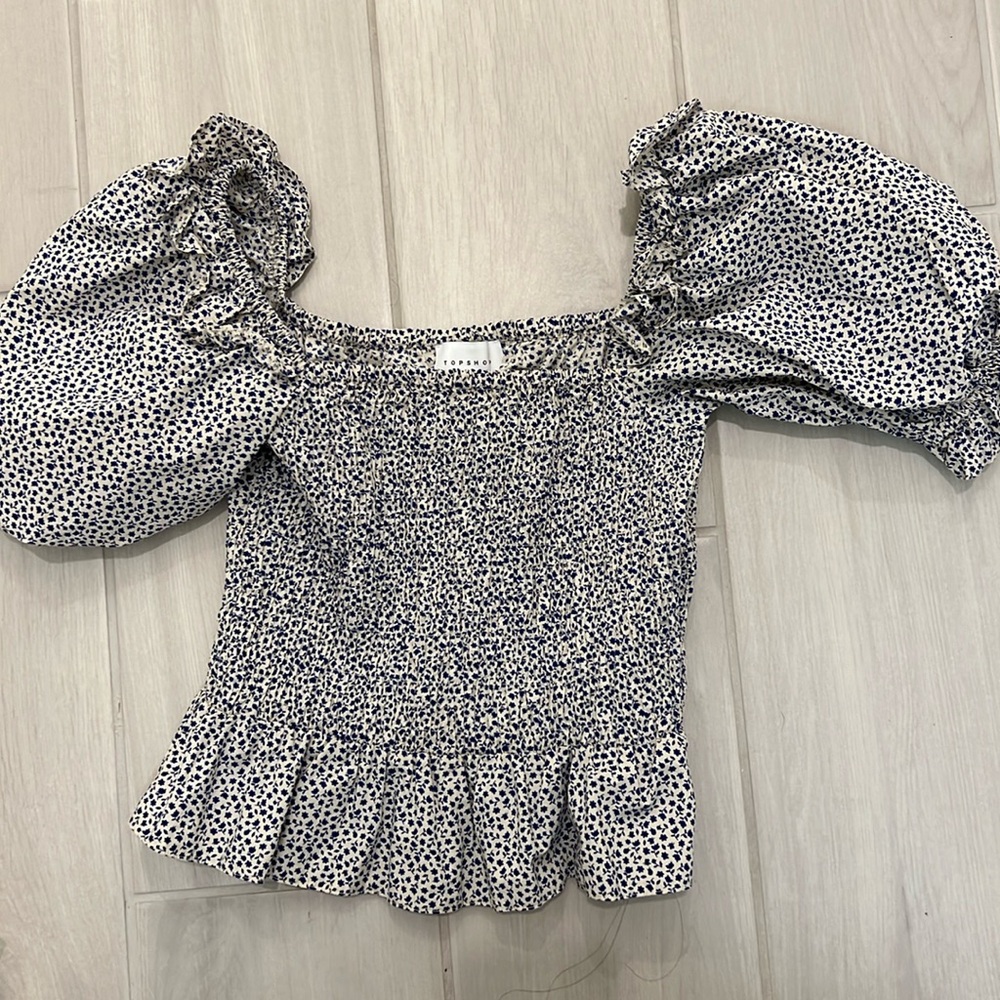 Topshop smocked blue floral top